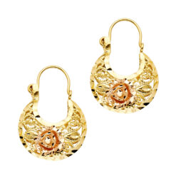 Rose Basket Hook Hanging Earrings 14k Two Tone Yellow & Rose Gold Diamond Cut Genuine 24mm x 18mm