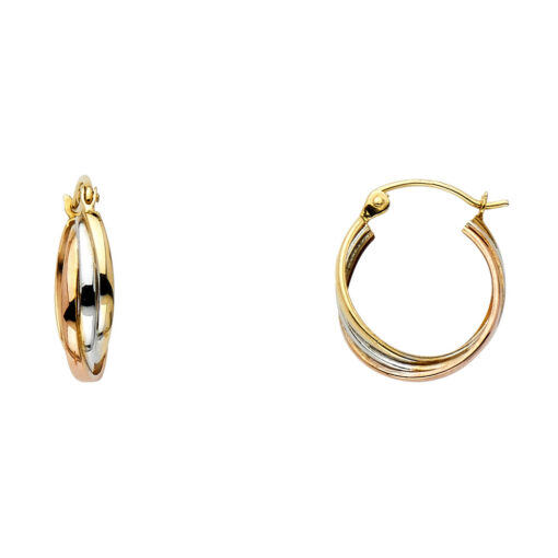 14k Yellow White And Rose Gold Tricolor Three 3 Line Hoop Earrings Polished Fancy Design 14mm x 14mm