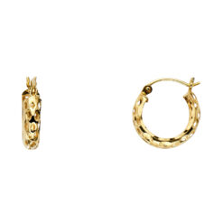 14k Yellow Gold Round Diamond Cut Perforated Hoop Earrings Polished French Lock Fancy 14mm x 14mm