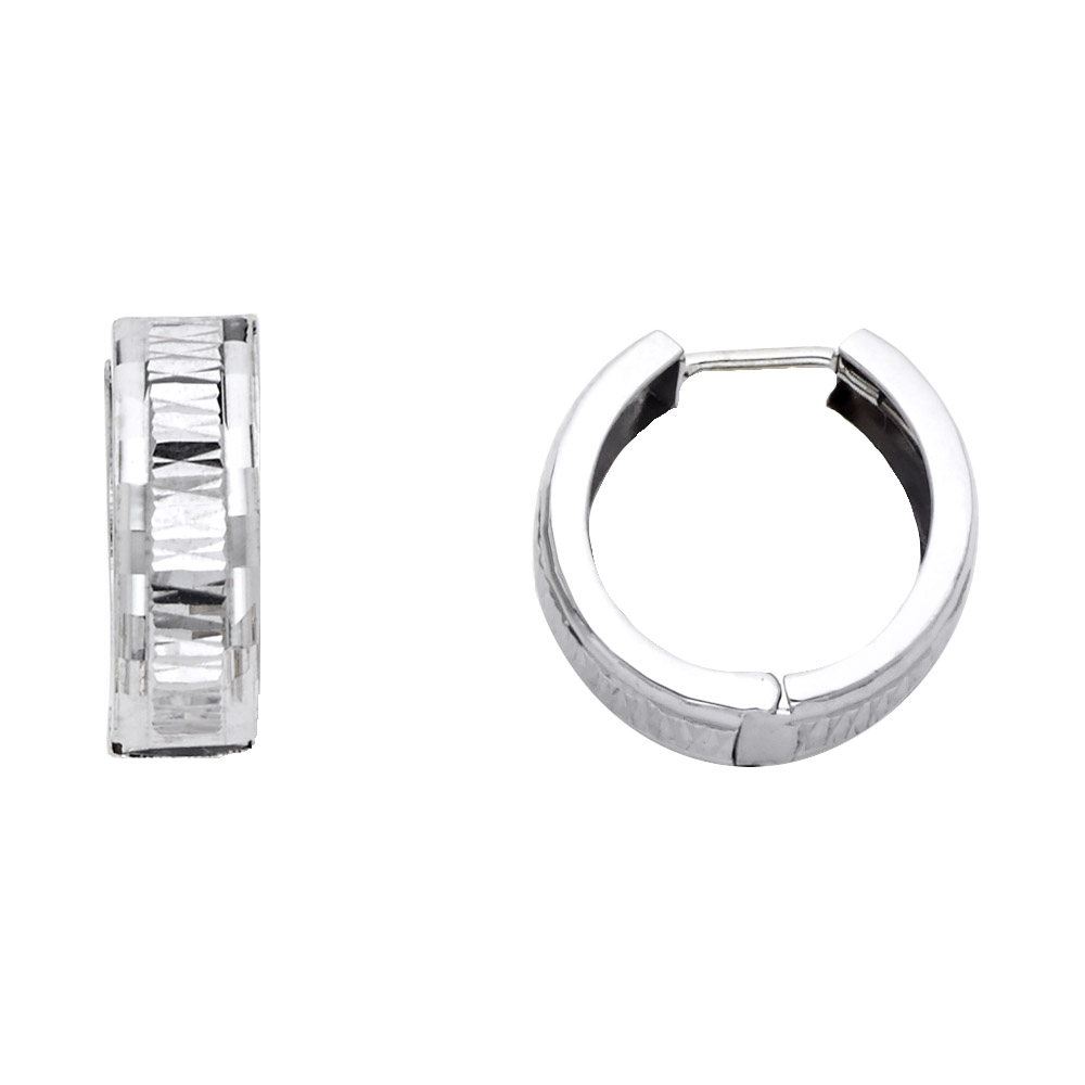 14k White Gold Round Huggie Hoops Diamond Cut Stamp Earrings Genuine Polished Finish Design New 15mm