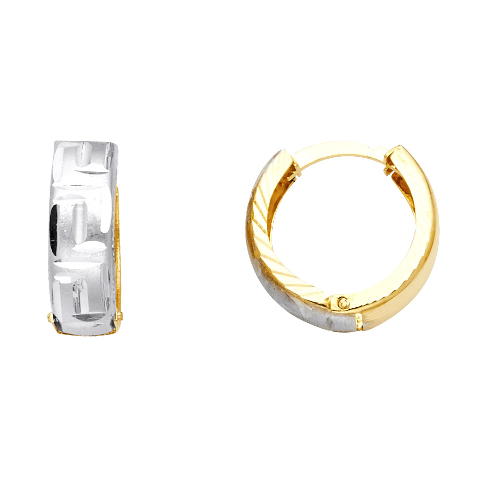 14k Yellow White Two Tone Gold Round Greek Design Huggie Earrings Diamond Cut Stamp Hoops Women 15mm