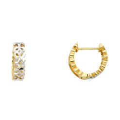 Small Flower Huggie Hoops Diamond Cut Stamp Fancy Earrings 14k Yellow White Two Tone Gold Women 10mm