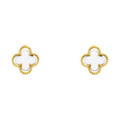 14k Yellow White Two Tone Gold Four Leaves Stud Earrings Designer Inspired Fancy Design 7mm x 7mm