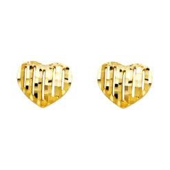 Heart Studs Diamond Cut Striped Fancy Love Post Earrings Genuine 14k Yellow Gold Ladies 10mm x 10mm