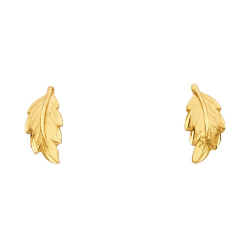 Leaf Studs Ladies Diamond Cut Post Earrings Fancy Genuine 14k Yellow Gold Polished Finish 13mm x 6mm
