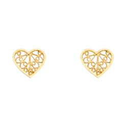 Open Heart Studs Filigree Love Post Fancy Earrings Genuine 14k Yellow Gold Diamond Cut 10mm x 10mm