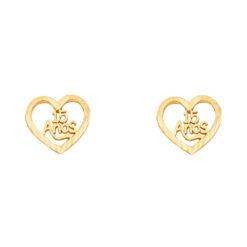 15 Anos Heart Studs Genuine 14k Yellow Gold Quinceneara Post Earrings Diamond Cut Girls 10mm x 10mm