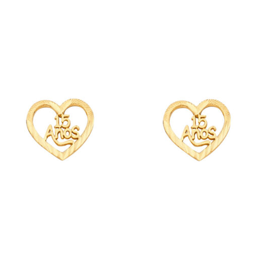 15 Anos Heart Studs Genuine 14k Yellow Gold Quinceneara Post Earrings Diamond Cut Girls 10mm x 10mm
