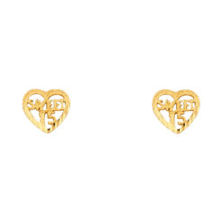 Sweet 15 Heart Studs Quinceanera Post Open Earrings Genuine Diamond Cut 14k Yellow Gold 8mm x 8mm