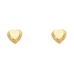 14k Yellow Gold Heart Post Stud Earrings Diamond Cut Sand And Polished Finish Genuine New 8mm x 8mm