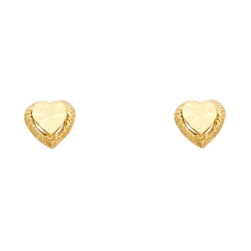 14k Yellow Gold Heart Post Stud Earrings Diamond Cut Sand And Polished Finish Genuine New 8mm x 8mm