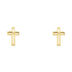 Cross Studs Open Design Religious Post Earrings Genuine 14k Yellow Gold Diamond Cut New 11mm x 6mm