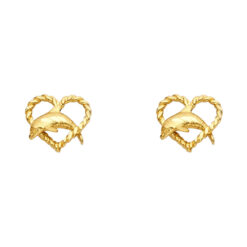 Dolphin Heart Studs Post Earrings Genuine Polished 14k Yellow Gold Diamond Cut Design 10mm x 10mm