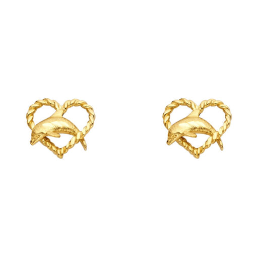 Dolphin Heart Studs Post Earrings Genuine Polished 14k Yellow Gold Diamond Cut Design 10mm x 10mm