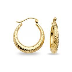 14k Yellow Gold Graduated Diamond Cut Hoop Earrings Polished Finish French Lock Genuine 15mm x 4mm