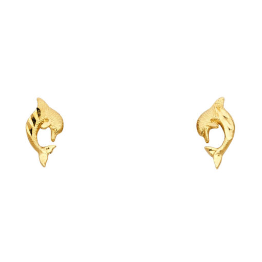 Small Dolphin Studs Polished Diamond Cut Fish Earrings Genuine 14k Yellow Gold Fancy New 11mm x 6mm