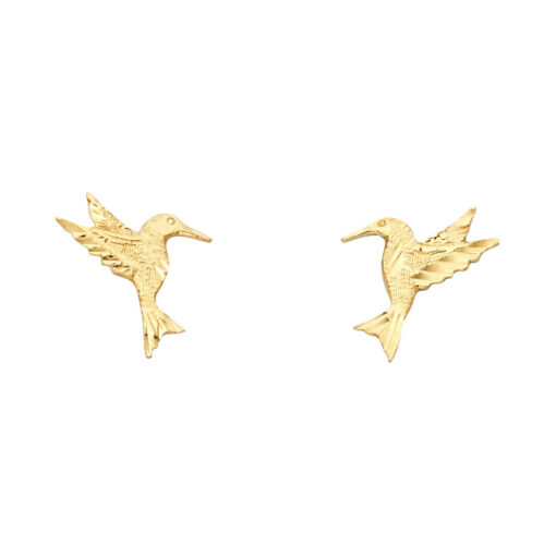 14k Yellow Gold Hummingbird Post Studs Diamond Cut Earrings Genuine Polished Design New 12mm x 11mm