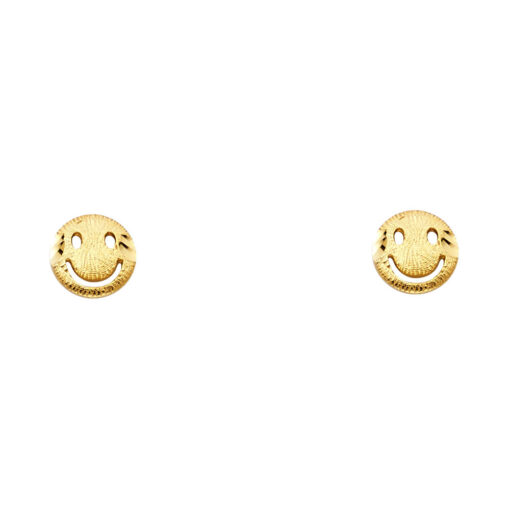 Round Smiley Face Post Stud Earrings Genuine 14k Yellow Gold Polished Finish Cute Design 7mm x 7mm