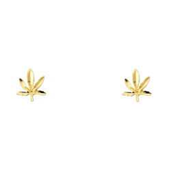 Solid 14k Yellow Gold Weed Marijuana Cannibis Leaf Post Stud Earrings Diamond Cut Genuine 9mm x 7mm