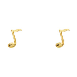 Solid 14k Yellow Gold Music Note Post Earrings Diamond Cut Studs Genuine Polished Finish 11mm x 4mm