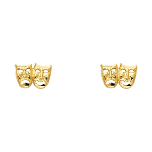 Womens Drama Mask Studs Two Faced Post Earrings Smile Now Cry Later 14k Yellow Gold New 6mm x 10mm