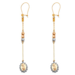 Fancy Ladies Lady Guadalupe Diamond Cut Hanging Hook Earrings 14k Tricolor Gold Genuine 52mm x 7mm