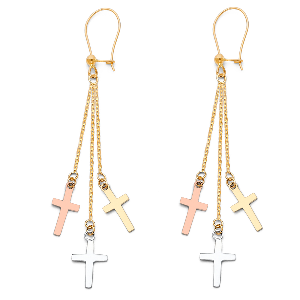 14k Tricolor Gold Religious Cross Hanging Earrings Long 3 Chains Fancy Dangling Design 49mm x 6mm