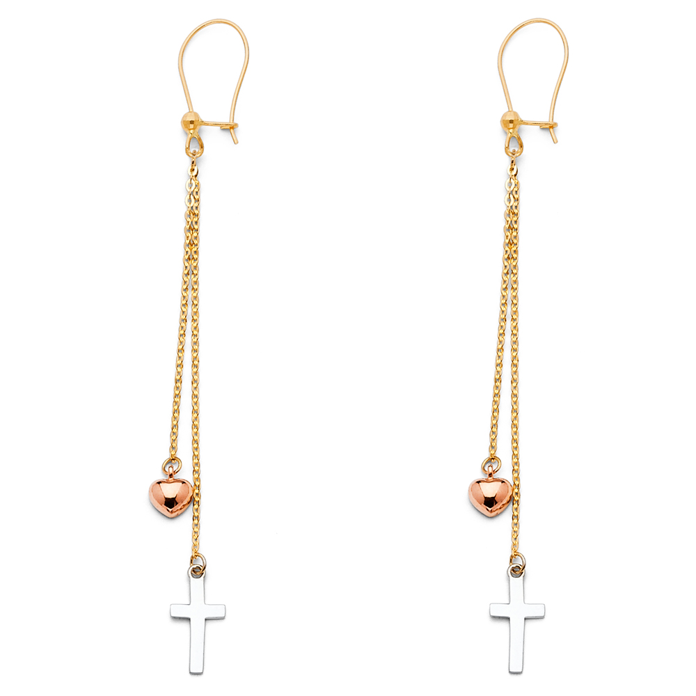 14k Tricolor Gold Cross And Heart Dangling Earrings Diamond Cut Long Hanging Fancy Design 60mm x 6mm