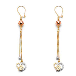Elephant Double Chains Hanging Earrings Diamond Cut Lucky Charm Design 14k Tricolor Gold 70mm x 9mm