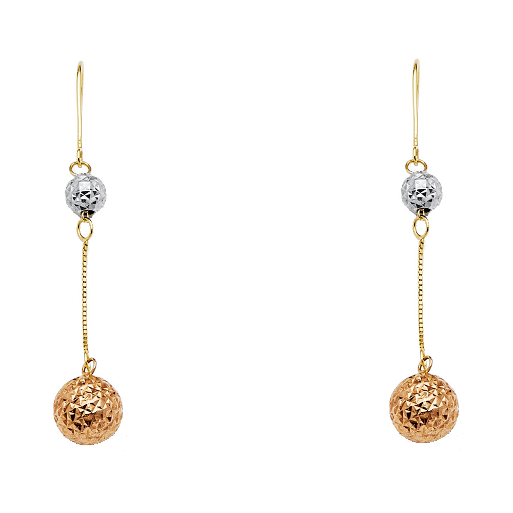 14k Tricolor Gold Round Diamond Cut Ball Earrings Hanging Design Fancy Dangling Fashion 33mm x 7mm