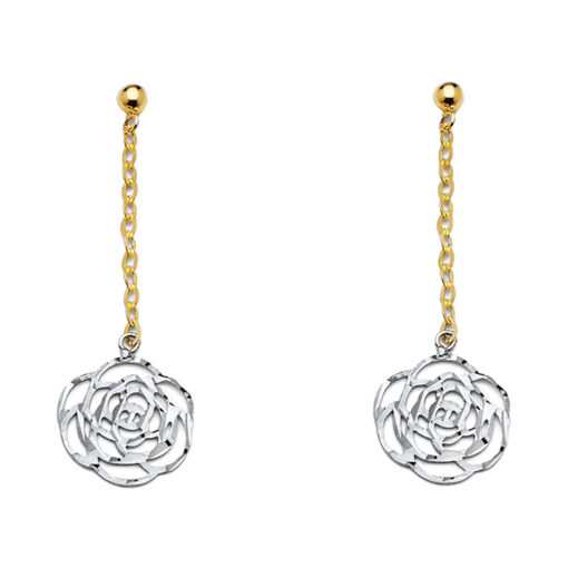 Rose Flower Hanging Drop Earrings Genuine 14k Yellow White Two Tone Gold Diamond Cut New 33mm x 11mm