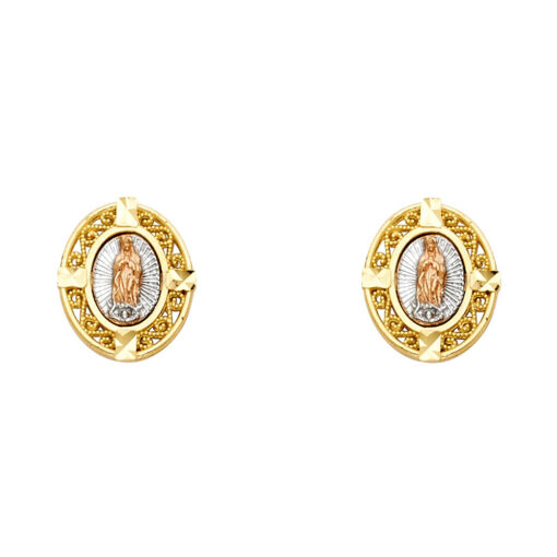 Our Lady Guadalupe Studs Genuine 14k Tricolor Gold Filigree Virgin Mary Post Earrings Polished 12mm