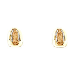 14k Yellow White Rose Tricolor Gold Lady Guadalupe Post Earrings Genuine Virgin Mary Studs New 10mm
