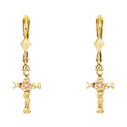 Jesus Cross Crucifix Flower Hanging Earrings 14k Yellow Rose Gold Religious Style Diamond Cut 15mm