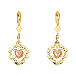 14k Yellow Rose Two Tone Gold Filigree Hanging Heart Earrings Fancy Design Diamond Cut Genuine 15mm