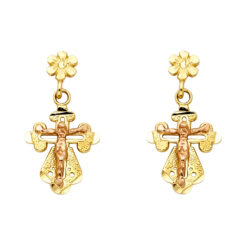 14k Yellow Rose Gold Two Tone Jesus Crucifix Cross Hanging Earrings Flower Post Fancy Genuine 15mm