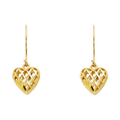 Hanging Mesh Heart Earrings Genuine 14k Yellow Gold Diamond Cut Polished Fancy Style For Ladies 10mm