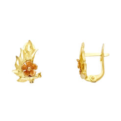 Flower And Leaf U Shape Huggie Earrings Diamond Cut Polished Finish Genuine 14k Yellow Gold New 15mm