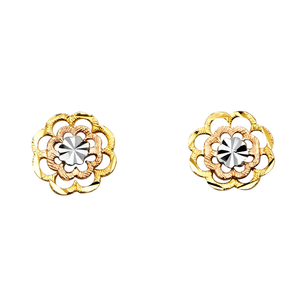 14k Tricolor Gold Flower Post Stud Earrings Diamond Cut Design Polished Finish Genuine Small 12mm