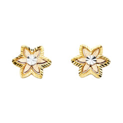 Flower Studs Diamond Cut Post Earrings Genuine 14k Yellow White Rose Tricolor Gold Polished New 12mm