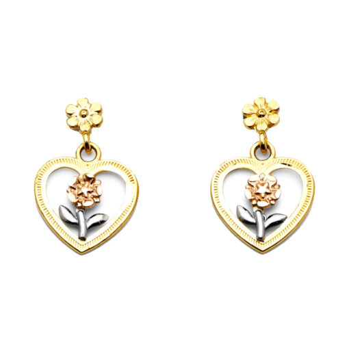 14k Yellow White Rose Tricolor Gold Fancy Flower In Heart Hanging Earrings Diamond Cut 20mm x 13mm