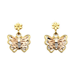 Flower Post Hanging Butterfly Earrings Genuine 14k Tricolor Gold Sand Finish Diamond Cut 17mm x 13mm