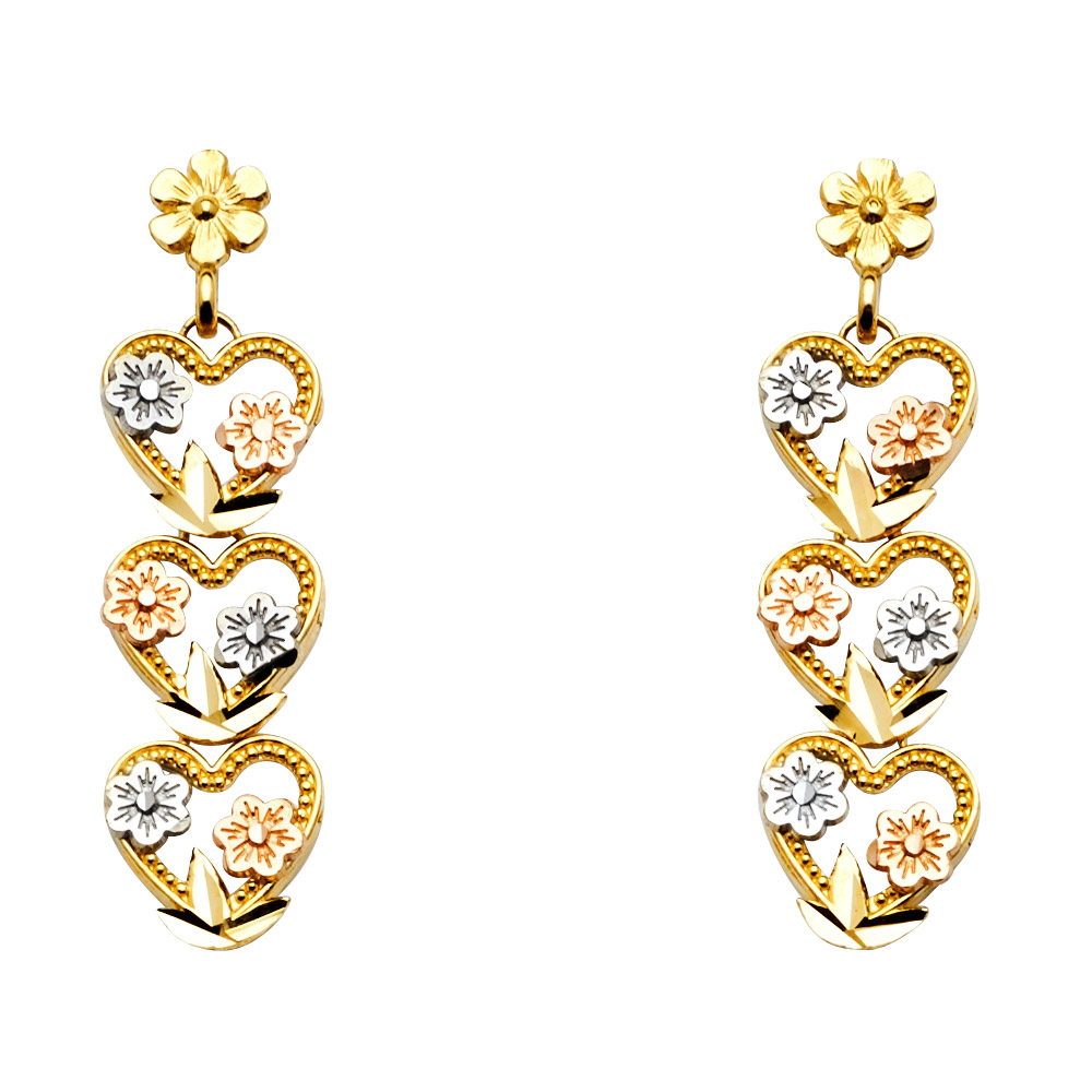 14k Tricolor Gold Hanging Hearts And Flowers Post Earrings Diamond Cut Polished Fancy New 32mm x 8mm