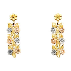 Ladies Fancy Flowers And Leaf Hanging Post Earrings 14k Tricolor Gold Diamond Cut Genuine 28mm x 8mm