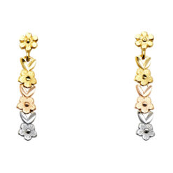 14k Yellow White Rose Tricolor Gold Small Flowers Hanging Post Diamond Cut Earrings Women 26mm x 4mm