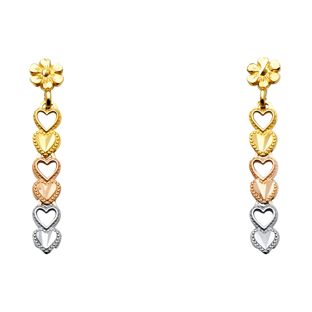 14k Tricolor Gold Diamond Cut Hearts Hanging Fancy Fashion Post Earrings Genuine Polished 21mm x 4mm