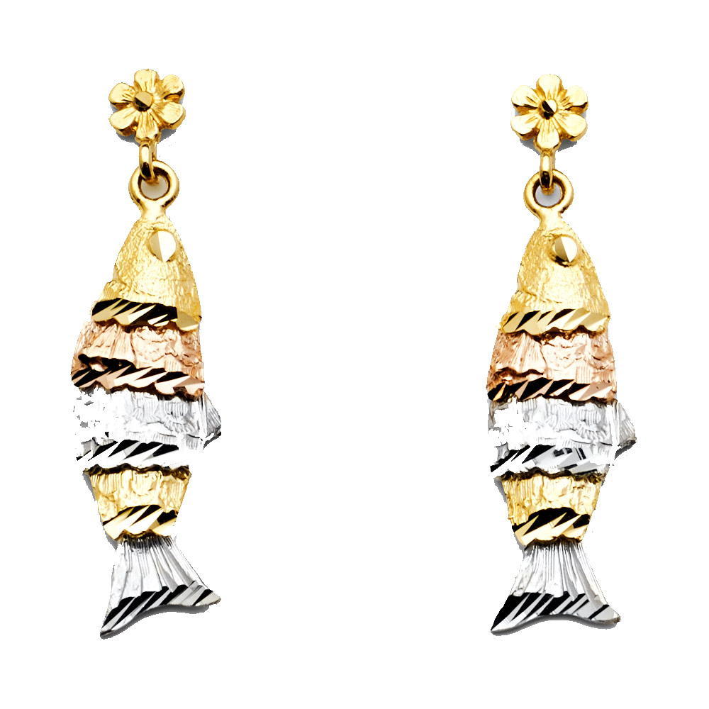 14k Tricolor Gold Hanging Fish Post Earrings Diamond Cut Fancy Polished Fashion Genuine 33mm x 7mm