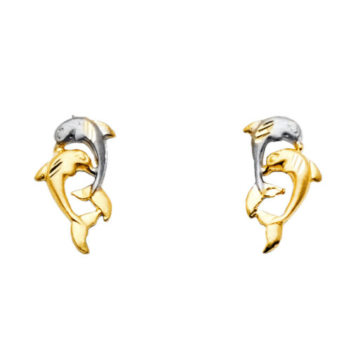 14k Yellow White Two Tone Gold 2 Dolphins Post Stud Earrings Fancy Polished Diamond Cut 17mm x 8mm