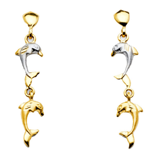 Hanging Dolphins Post Earrings Genuine 14k Yellow White Gold Two Tone Diamond Cut Genuine 35mm x 7mm