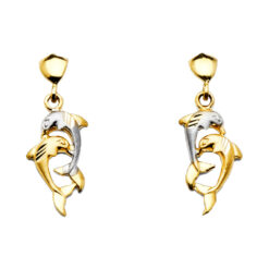 Dolphins Earrings Hanging Post Diamond Cut Design Genuine 14k Yellow White Two Tone Gold 27mm x 8mm
